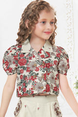 Off White Puff Sleeves And Floral Printed Western Co-Ord Set For Girls