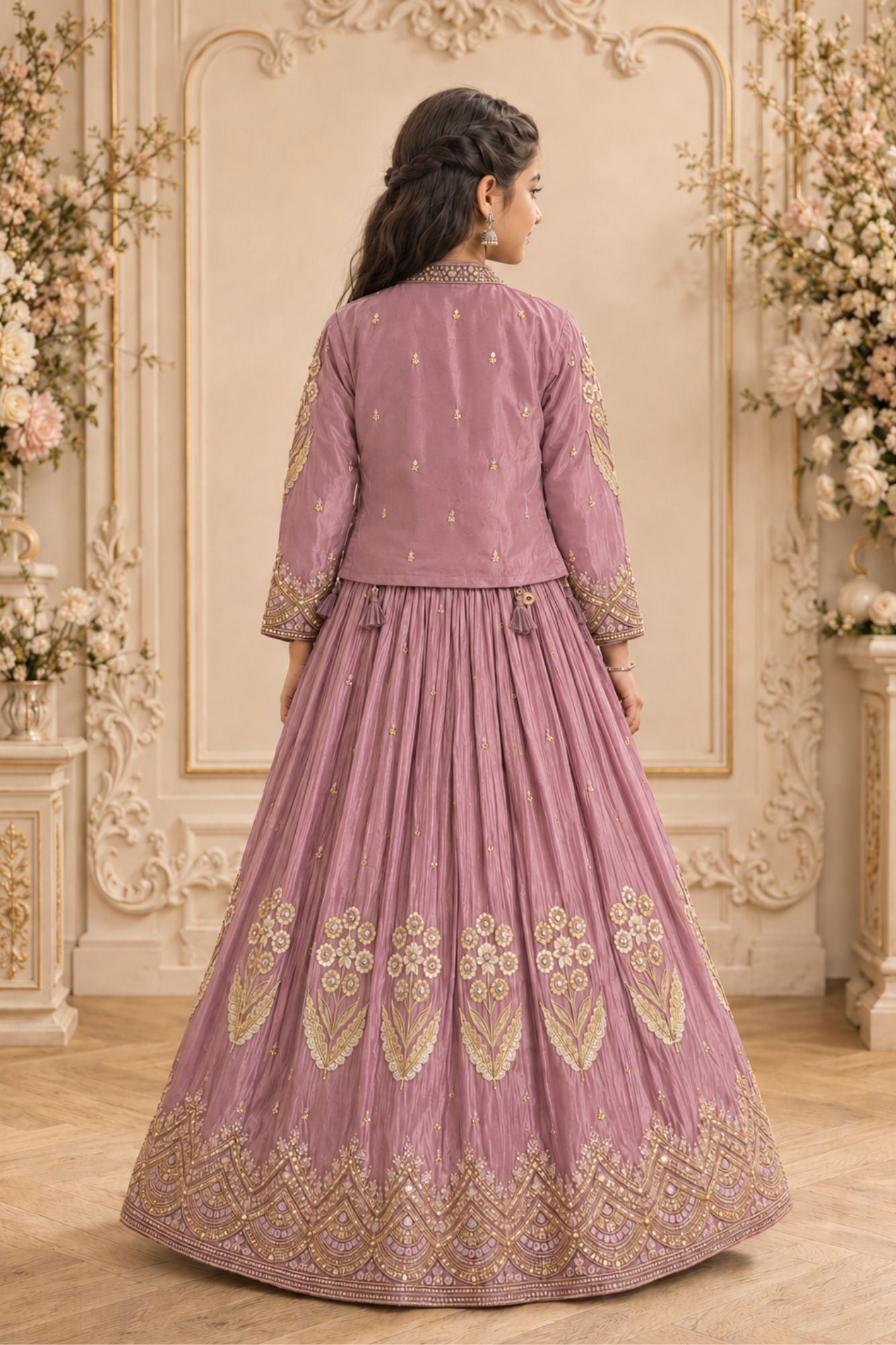Dusty Mauve Heavy Floral Embroidered Lehenga Choli with Jacket