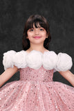 Blush Pink Sequin Party Wear Frock with 3D Floral Neckline For Girls