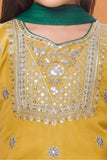Mustard Sleeveless Kurti with Foil-Print Green Patiala And Dupatta For Girls