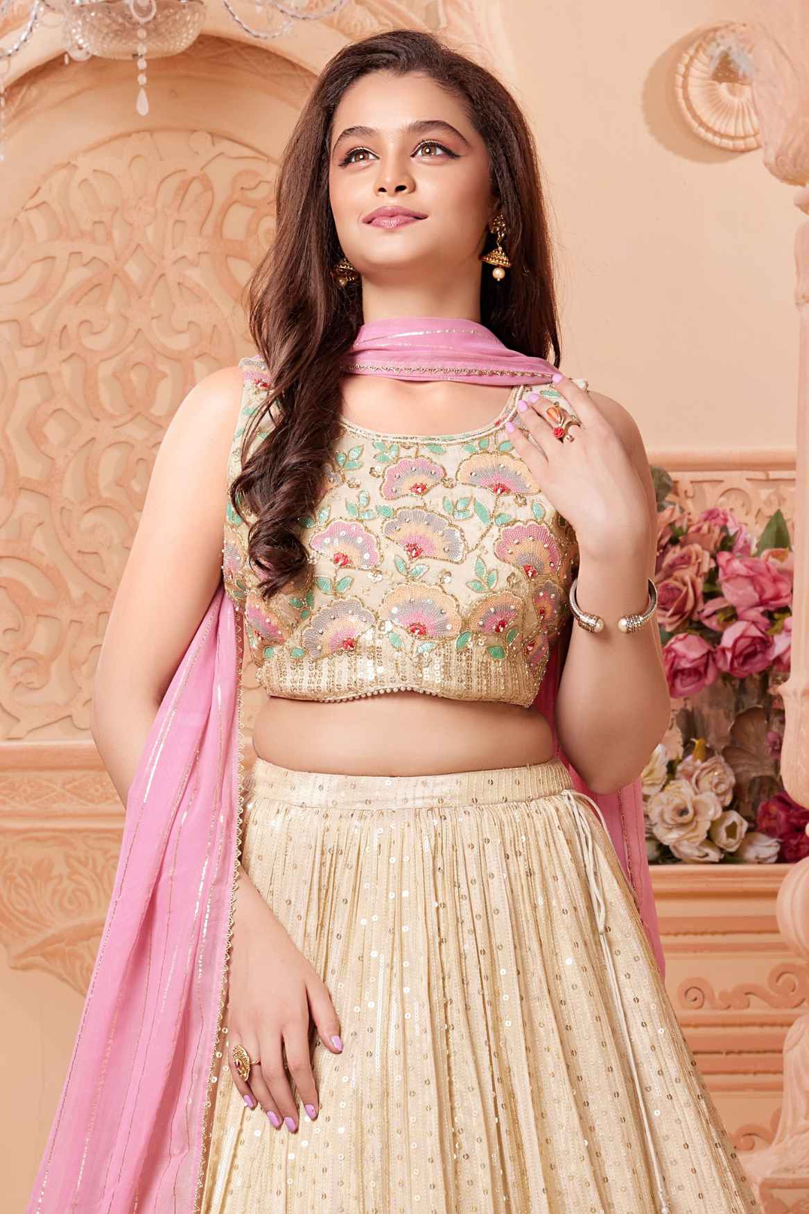 Beige And Pastel Multicolor Embroidered Lehenga Choli Set For Girls