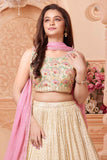 Beige And Pastel Multicolor Embroidered Lehenga Choli Set For Girls
