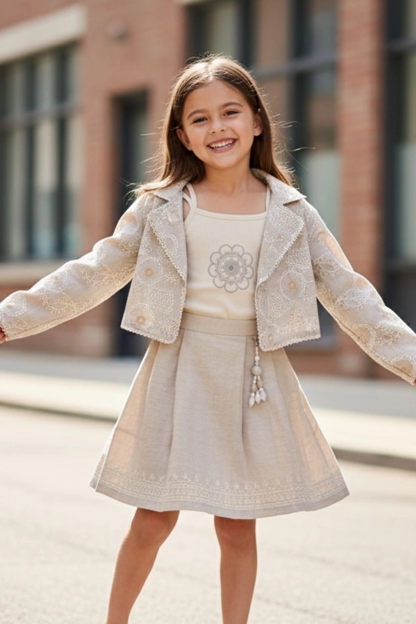 Beige Embroidered Jacket & Skirt Co-ord Set For Girls
