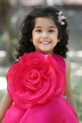 Elegant Rani Pink Oversized Floral Embellishment Party Wear Tailback Frock For Girls
