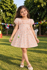 Girls Peach Floral Printed Puff Sleeve Fit And Flare Dress