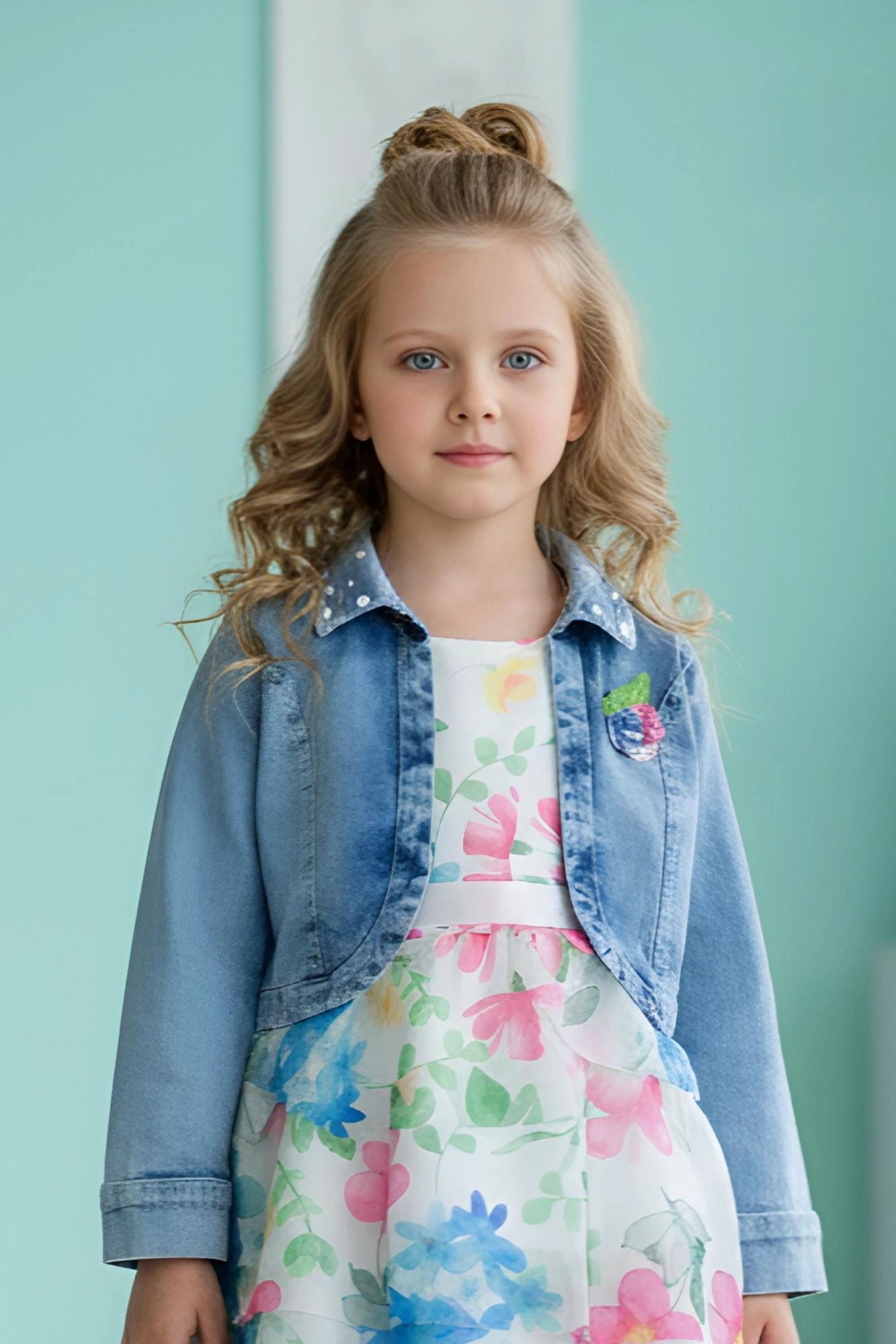Cream Floral Layered Frock with Denim Jacket For Girls