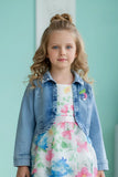 Cream Floral Layered Frock with Denim Jacket For Girls