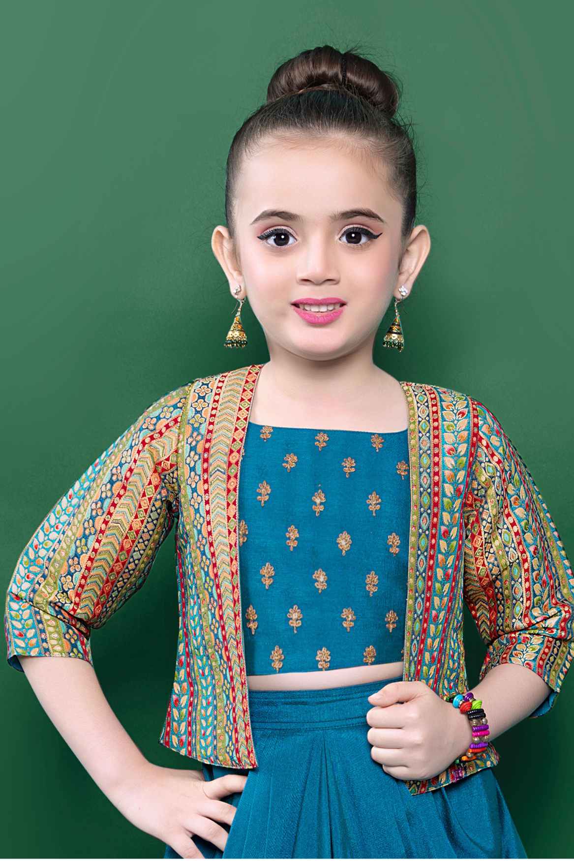 Teal Blue Embroidery Top And Dhoti Bottom Set With Brocade Overcoat For Girls