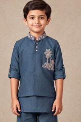 Boys Elegant Blue Embroidered Kurta Set With Nehru Jacket