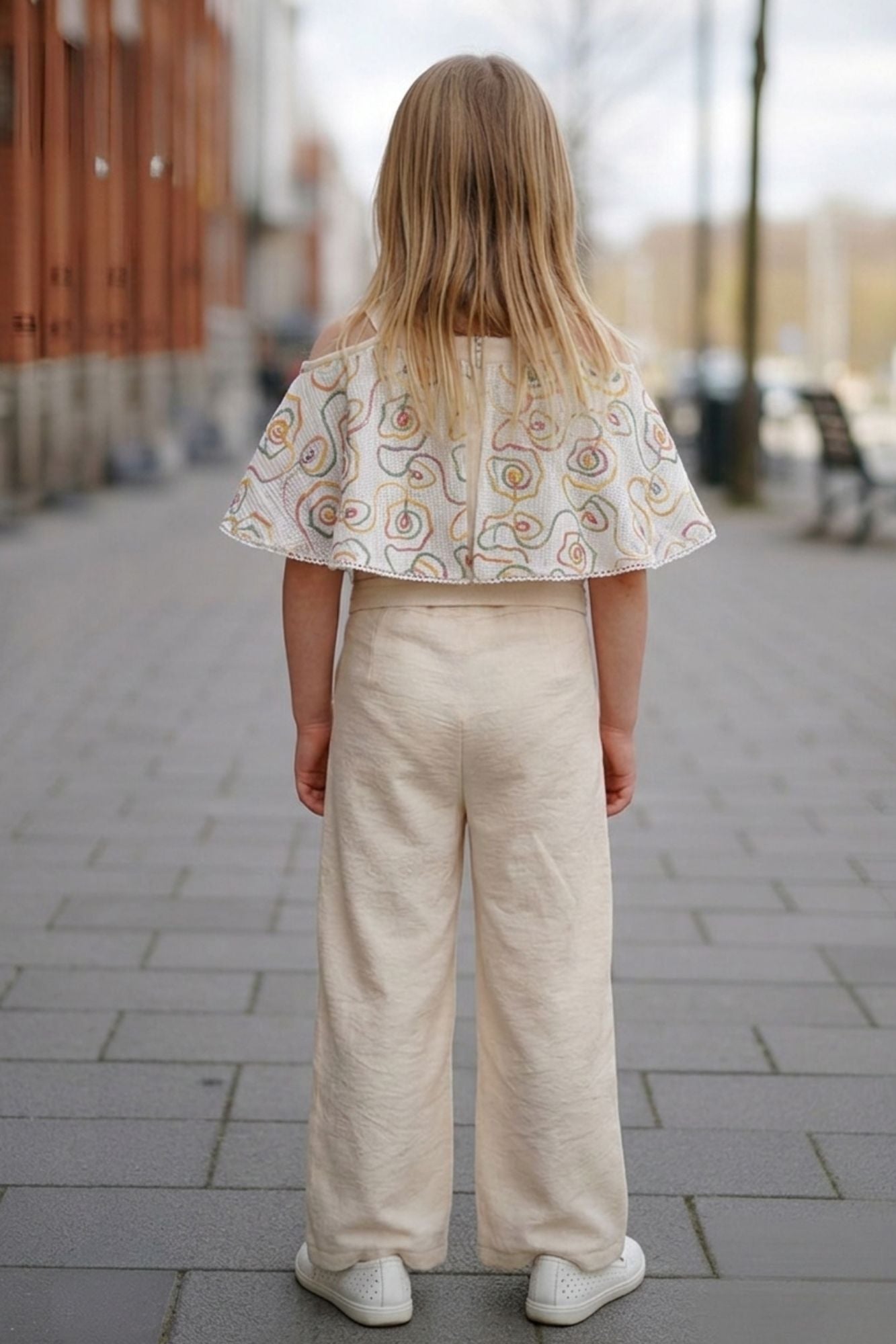 Cream Cold-Shoulder Cape Top And Pant Co-ord Set For Girls