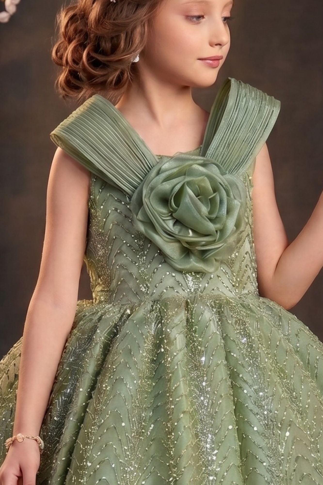 Girls Sage Green Party Wear Frock with 3D Floral Bow And Sequin Detailing
