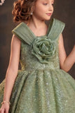 Girls Sage Green Party Wear Frock with 3D Floral Bow And Sequin Detailing