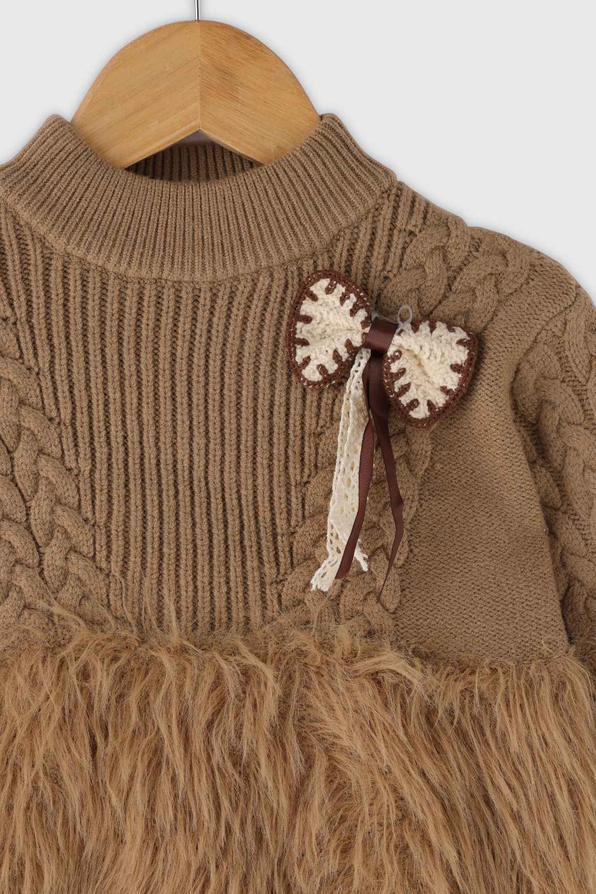 Brown Pullover With Fur And Bow Embellished For Girls 2-3Y
