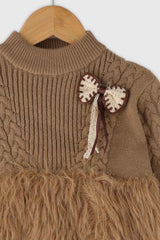 Brown Pullover With Fur And Bow Embellished For Girls