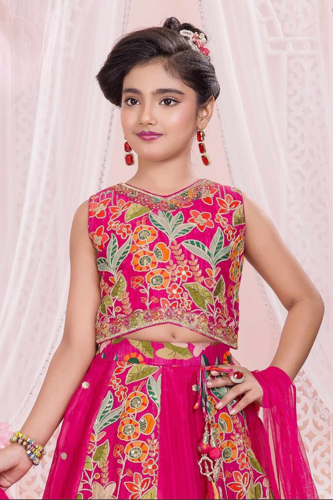 Rani Pink Floral Embroidered Lehenga Choli Set With Dupatta For Girls