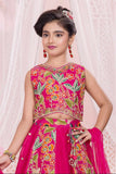 Rani Pink Floral Embroidered Lehenga Choli Set With Dupatta For Girls