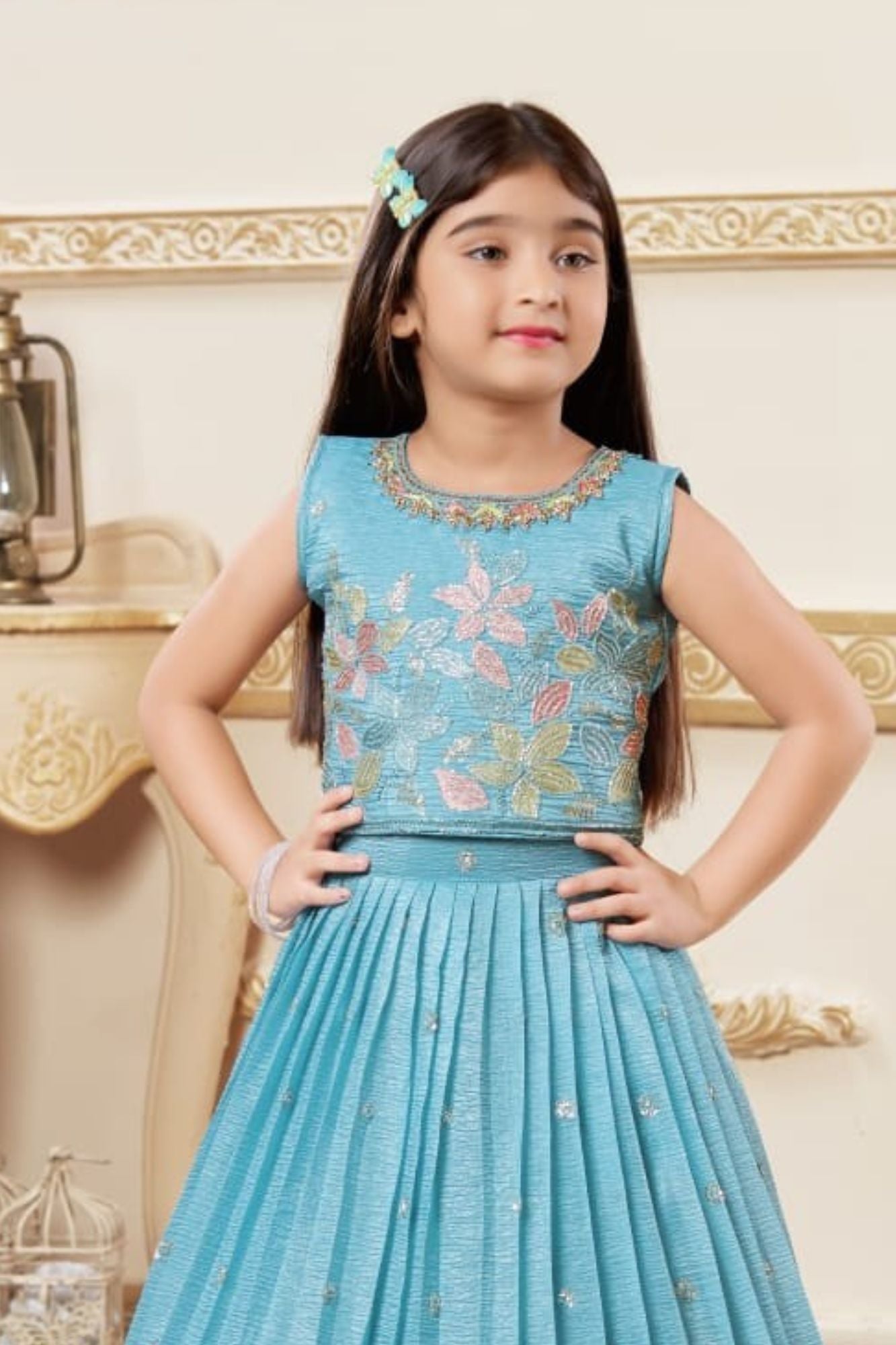 Sky Blue Embroidered Lehenga Choli Set with Floral Thread Work For Girls