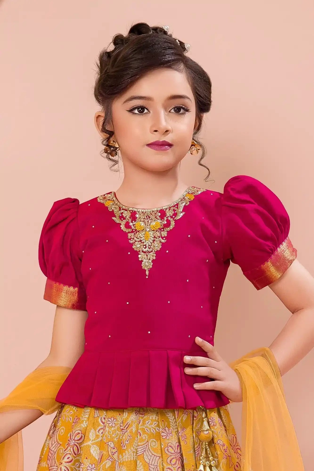 Maroon Peplum Top & Yellow Woven Pattu Pavadai Set with Dupatta For Girls
