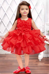 Red Multilayered Frock With Floral Embellished For Girls