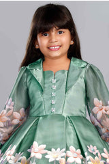 Olive Green Floral Printed And Floral Embellishment Frock For Girls