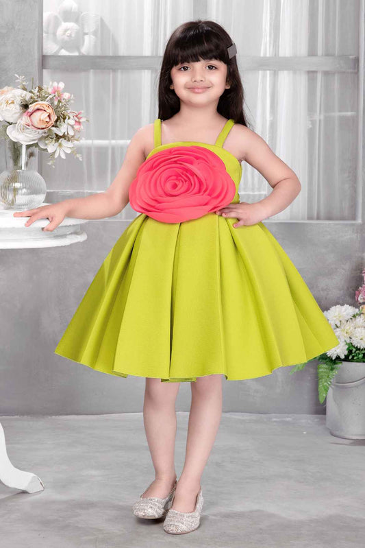 Lime Green Floral Embellished Party Wear Frock For Girls