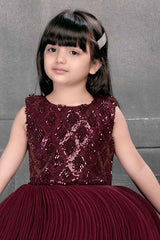 Elegant Maroon Ballon Frock With Sequin Work For Girls