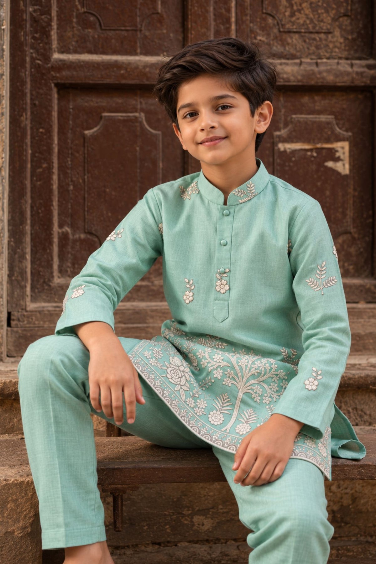 Boys Mint Green Kurta Pajama Set With Floral Thread Embroidery