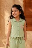 Girls Pista Green Sleeveless Embroidered Co-Ord Set with Wide Leg Pants