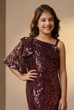 Wine Sequin Embellished One-Shoulder Party Wear Gown For Girls