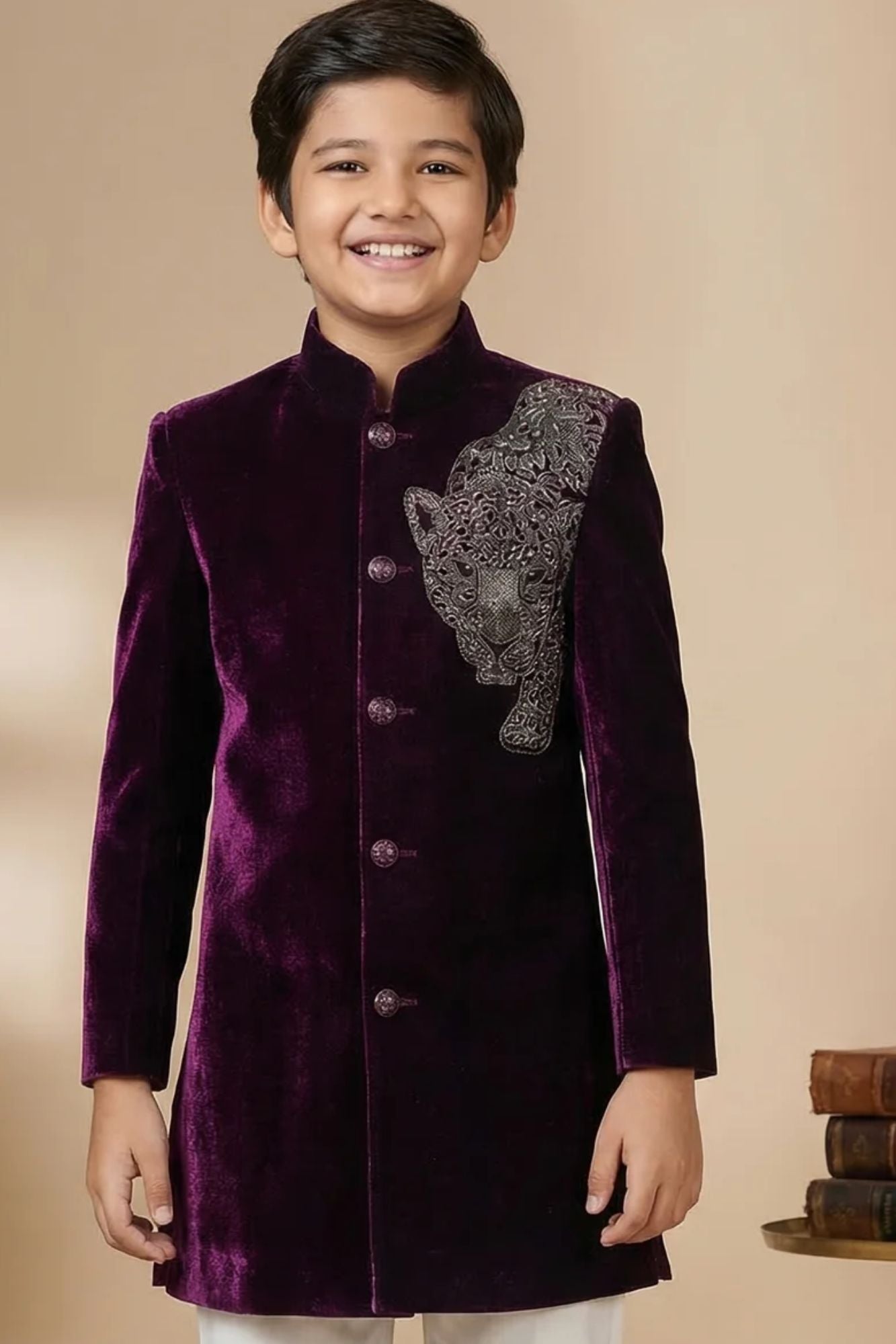Wine Sherwani Set with Tiger Embroidered Motif For Boys
