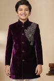 Wine Sherwani Set with Tiger Embroidered Motif For Boys