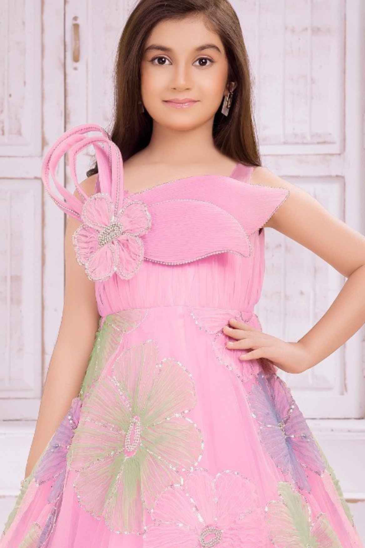 Designer Pink Sequins Work And Floral Embellished Party Wear Gown For Girls