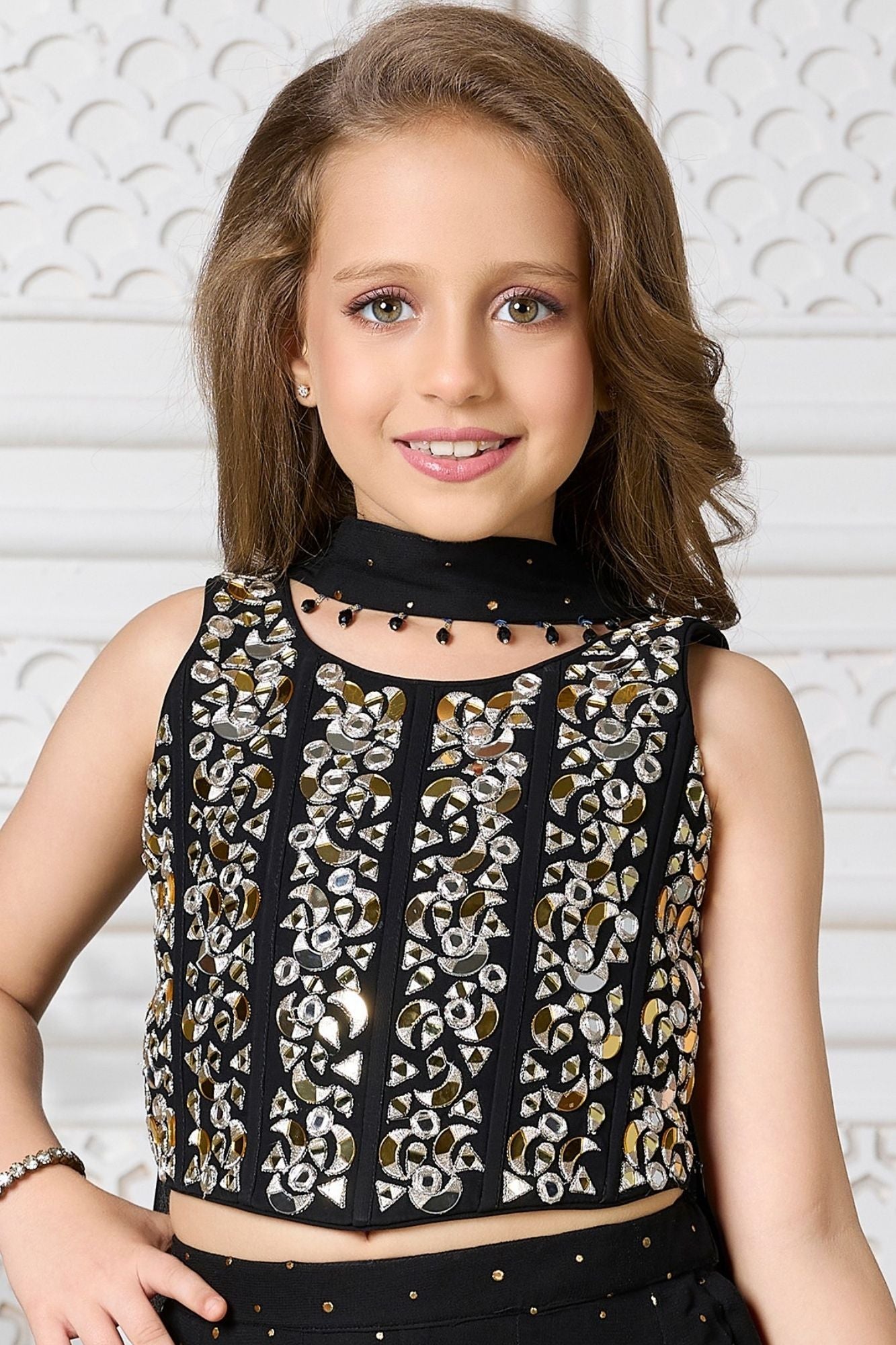 Girls Black Mirror And Zari Embellished Palazzo Set with Dupatta