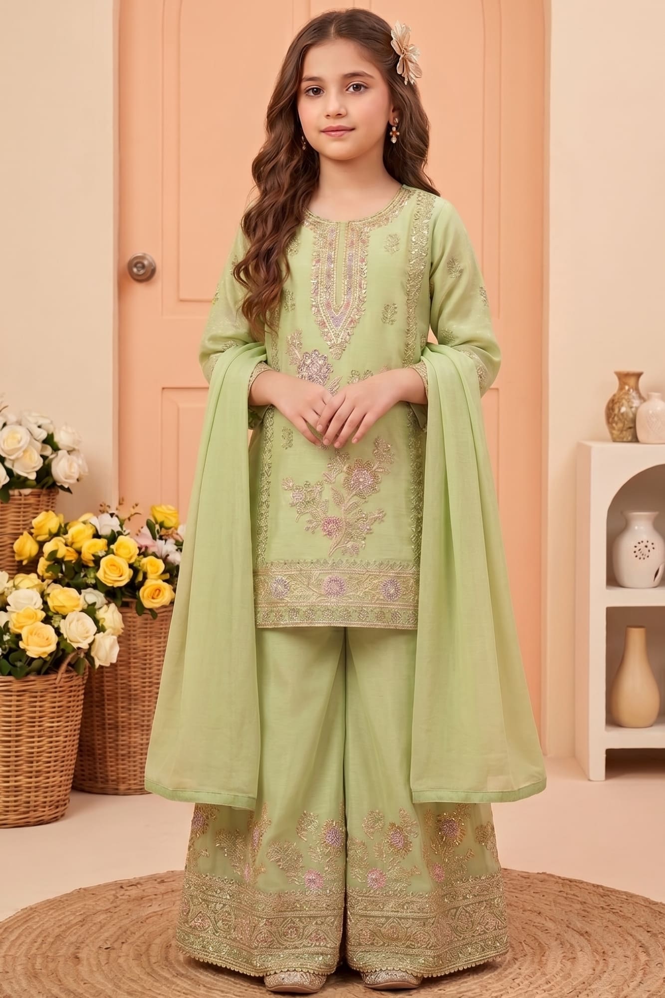 Pista Floral Zari Work Designer Wear Palazzo Set