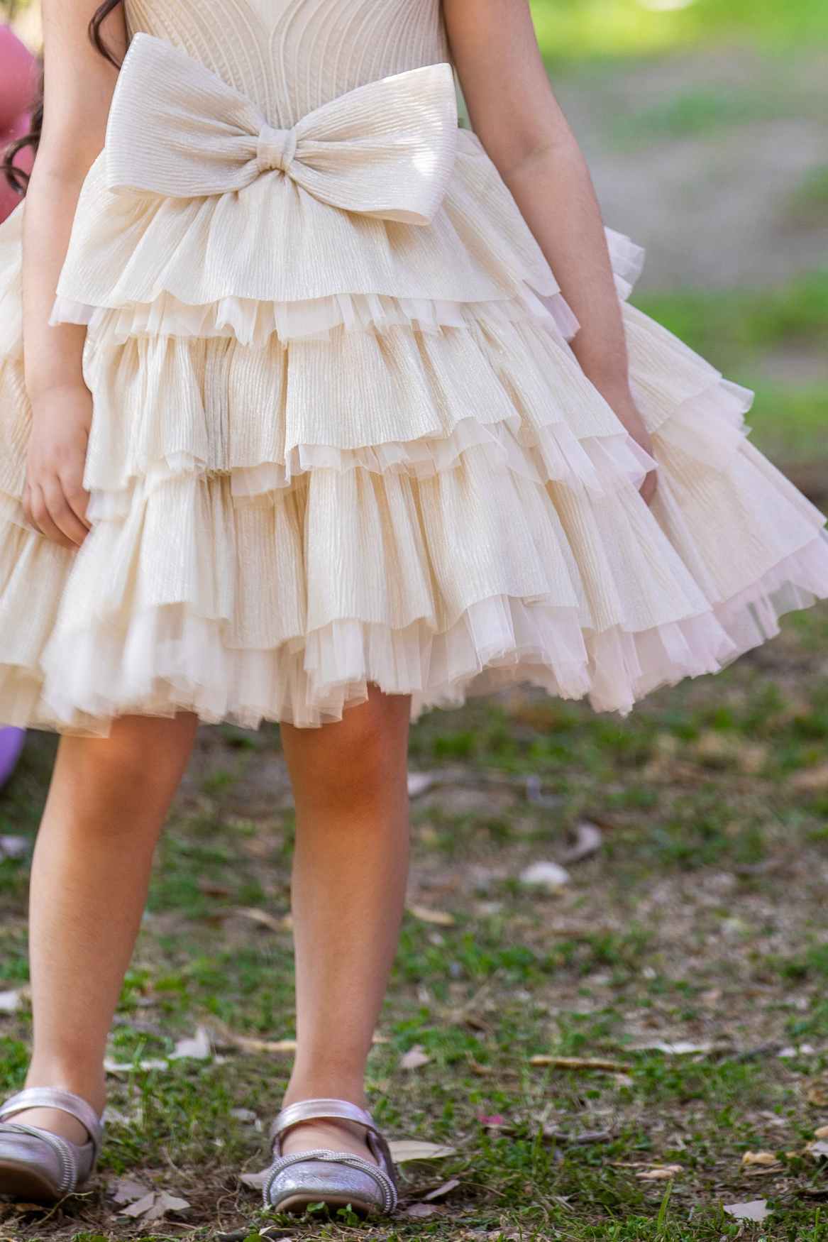 Cream Bow Embellished Party Wear Frock For Girls