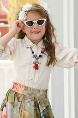 Cream Shirt With Floral Printed Skirt For Girls