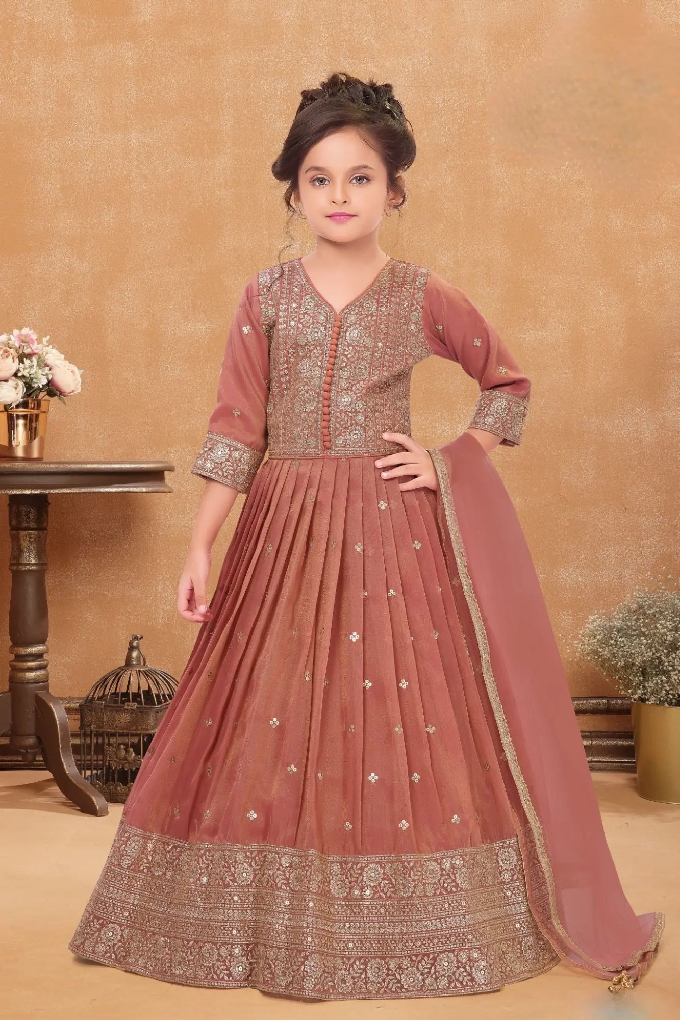 Rust Embroidered Long Ethnic Gown with Dupatta For Girls