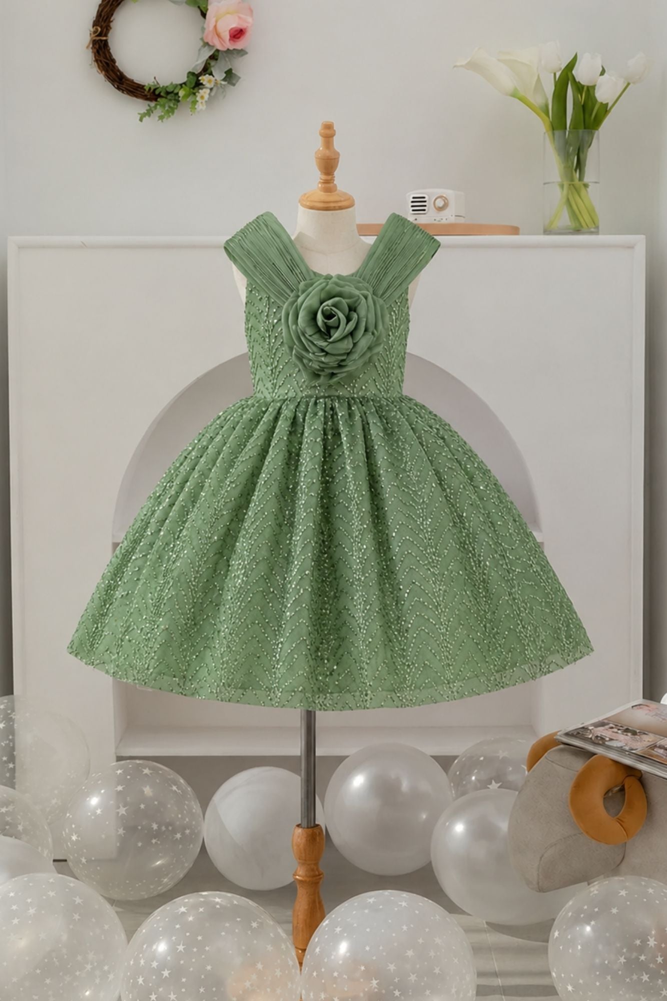 Girls Sage Green Party Wear Frock with 3D Floral Bow And Sequin Detailing