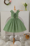Girls Sage Green Party Wear Frock with 3D Floral Bow And Sequin Detailing
