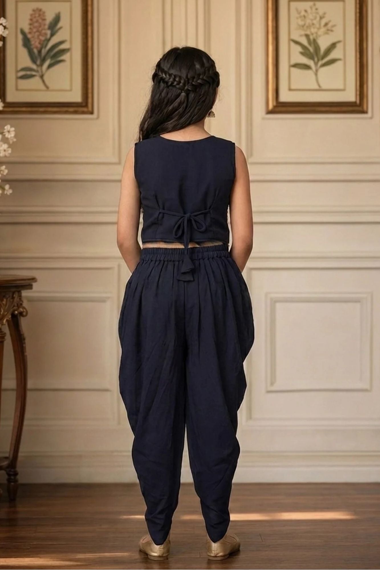 Navy Blue Dhoti Set with Attached Drape For Girls