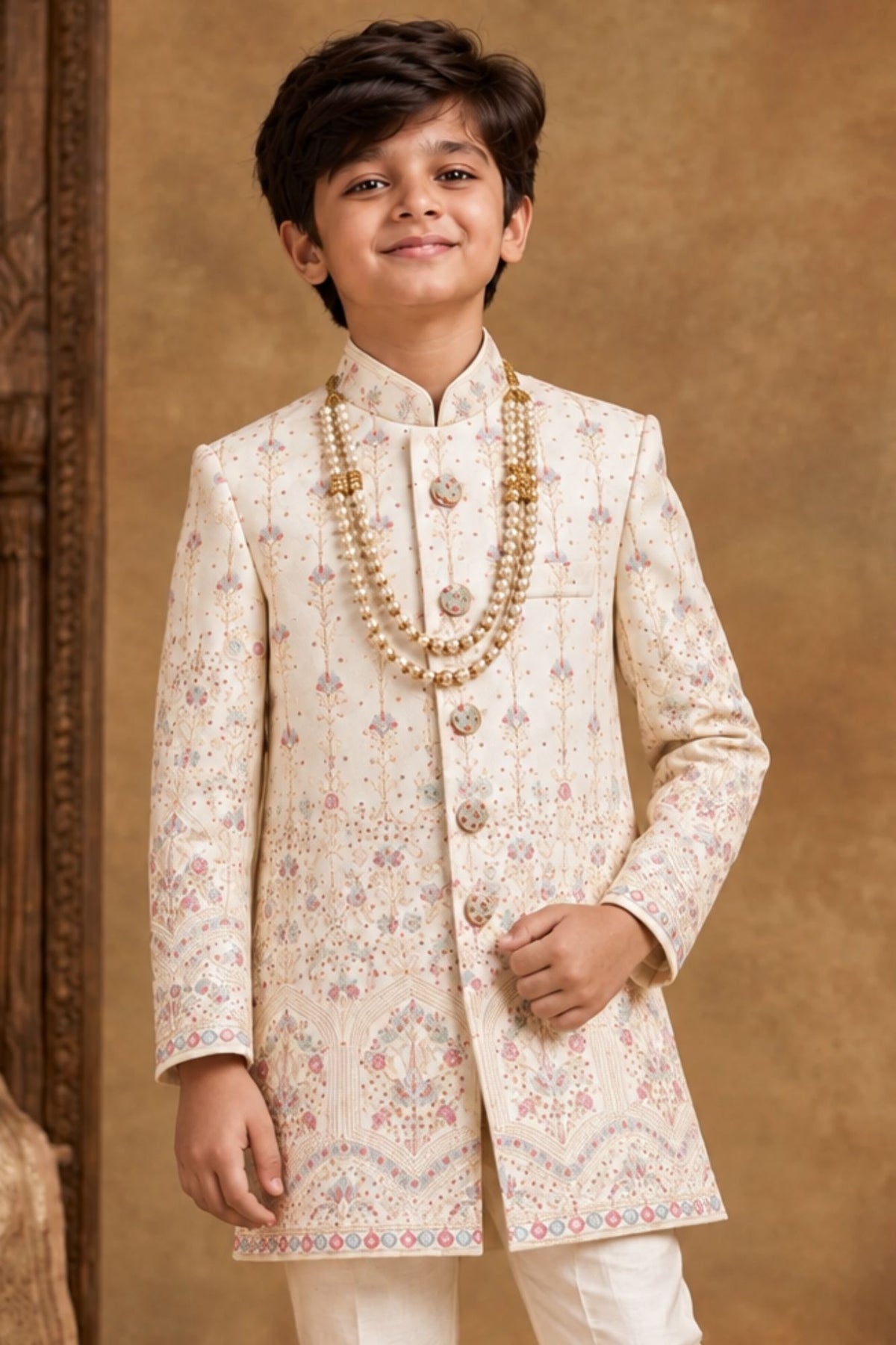 Cream Embroidered Sherwani Set With Classic Pants For Boys