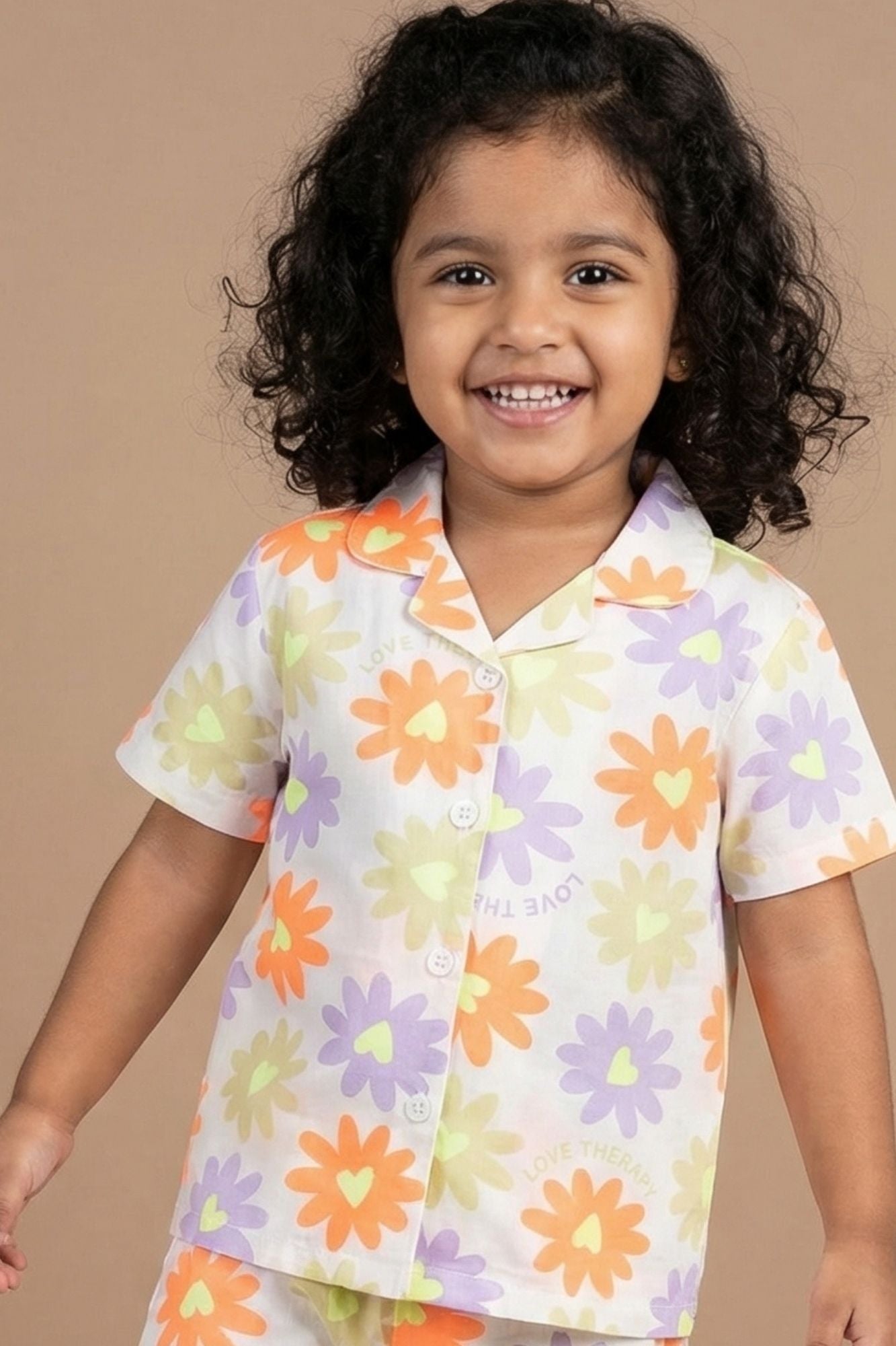 White Multicolor Floral Print Night Suit Set For Girls