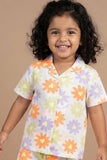 White Multicolor Floral Print Night Suit Set For Girls