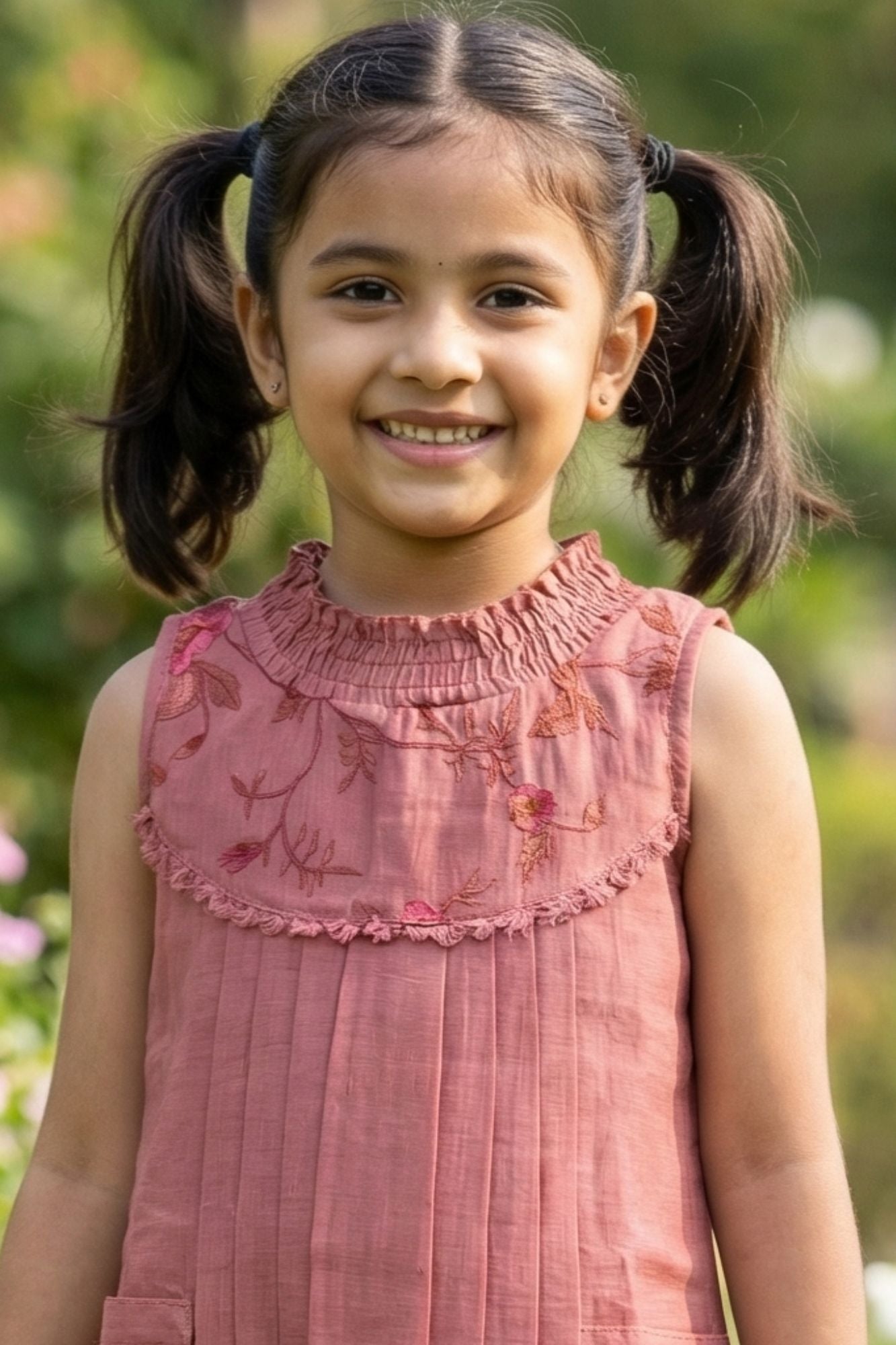 Rust Pink Floral Embroidered Frock For Girls