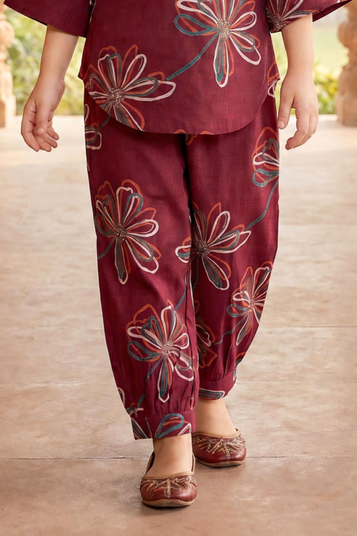 Maroon Floral Printed With Mirror Work Placket Co-ord Set For Girls