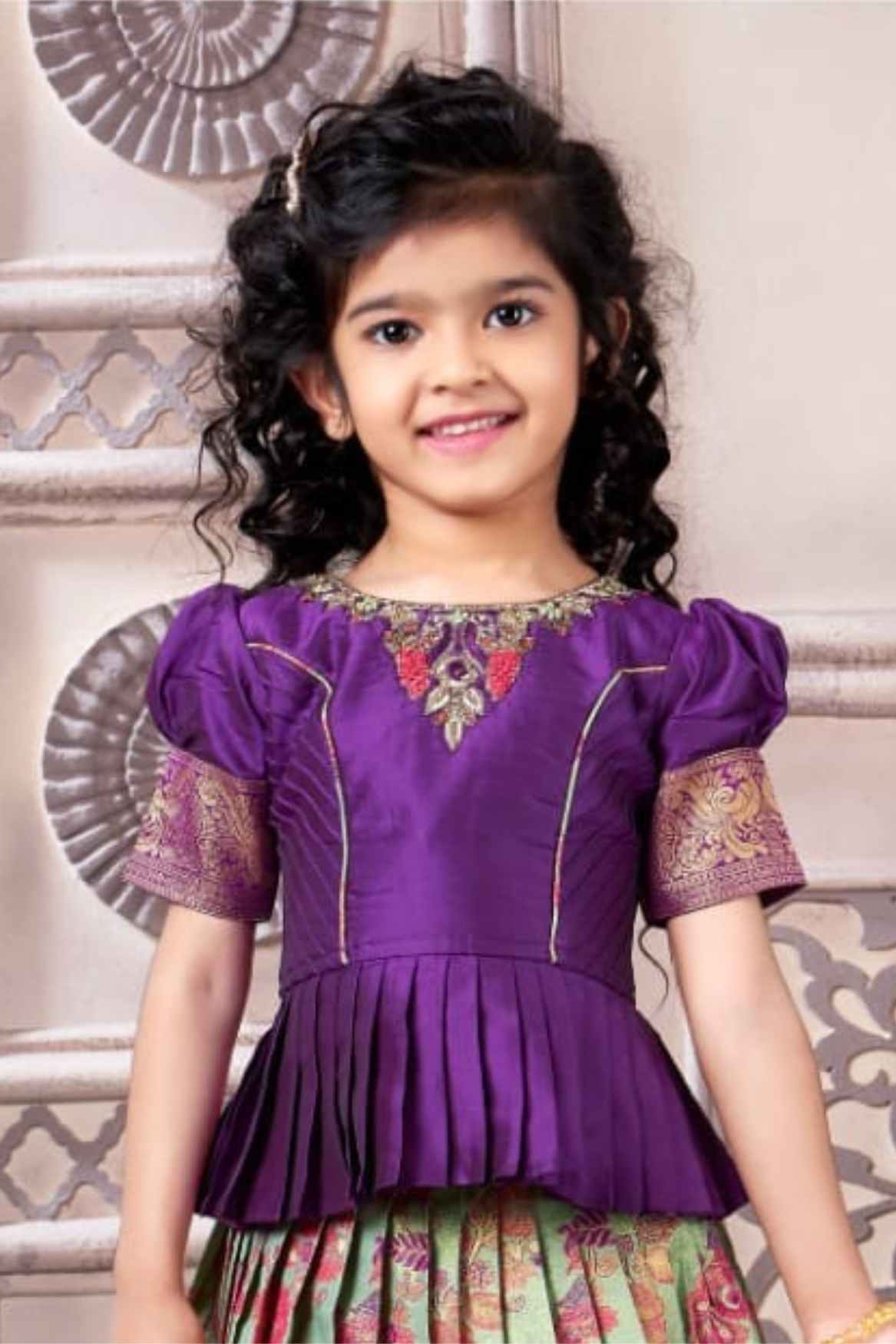 Purple And Mint Green Brocade Pattu Pavadai Set For Girls