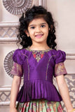 Purple And Mint Green Brocade Pattu Pavadai Set For Girls