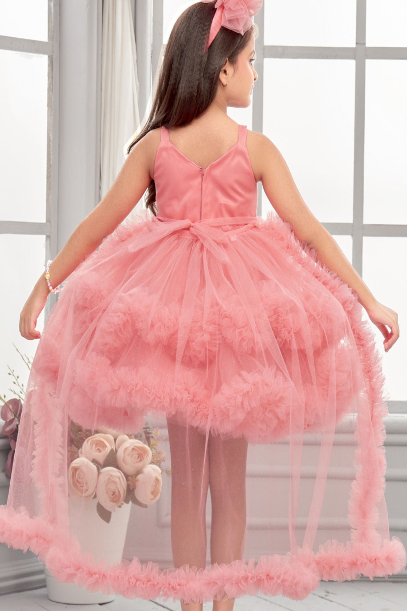 Peach High-Low Party Wear Tulle Frock with Bow Detail For Girls