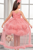 Peach High-Low Party Wear Tulle Frock with Bow Detail For Girls