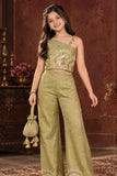Girls Green One-Shoulder Bead And Sequin Embroidered Palazzo Set